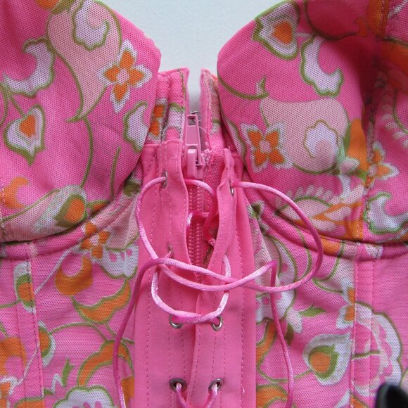 Pink Floral Zip and Lace Up Front Corset Set - NEW - Picture 5 of 10